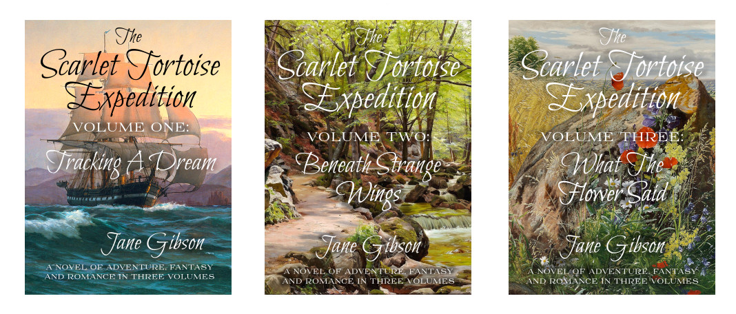book covers for all three volumes of the scarlet tortoise expedition by jane gibson