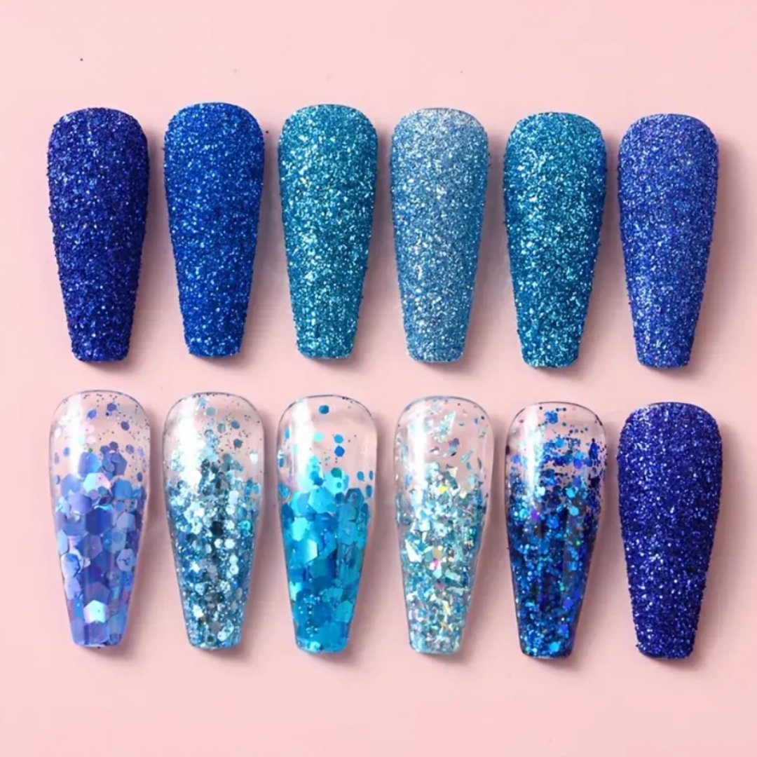 12 Grids Sparkly Blue Nail Glitter Set with various shades of blue glitter for DIY nail art.