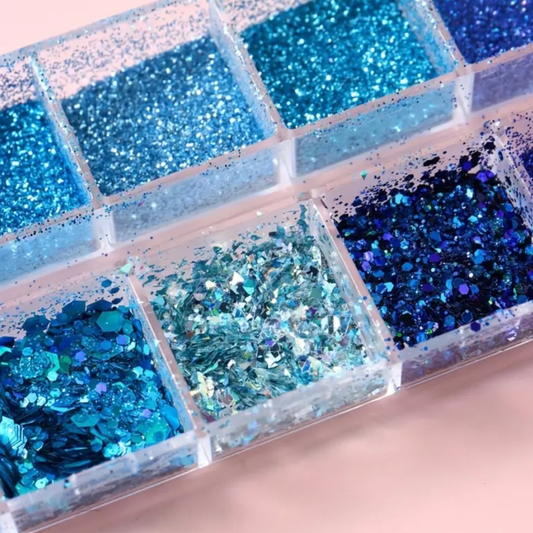 This set includes 12 grids of vibrant glitter, adding a playful and eye-catching element to nail designs.