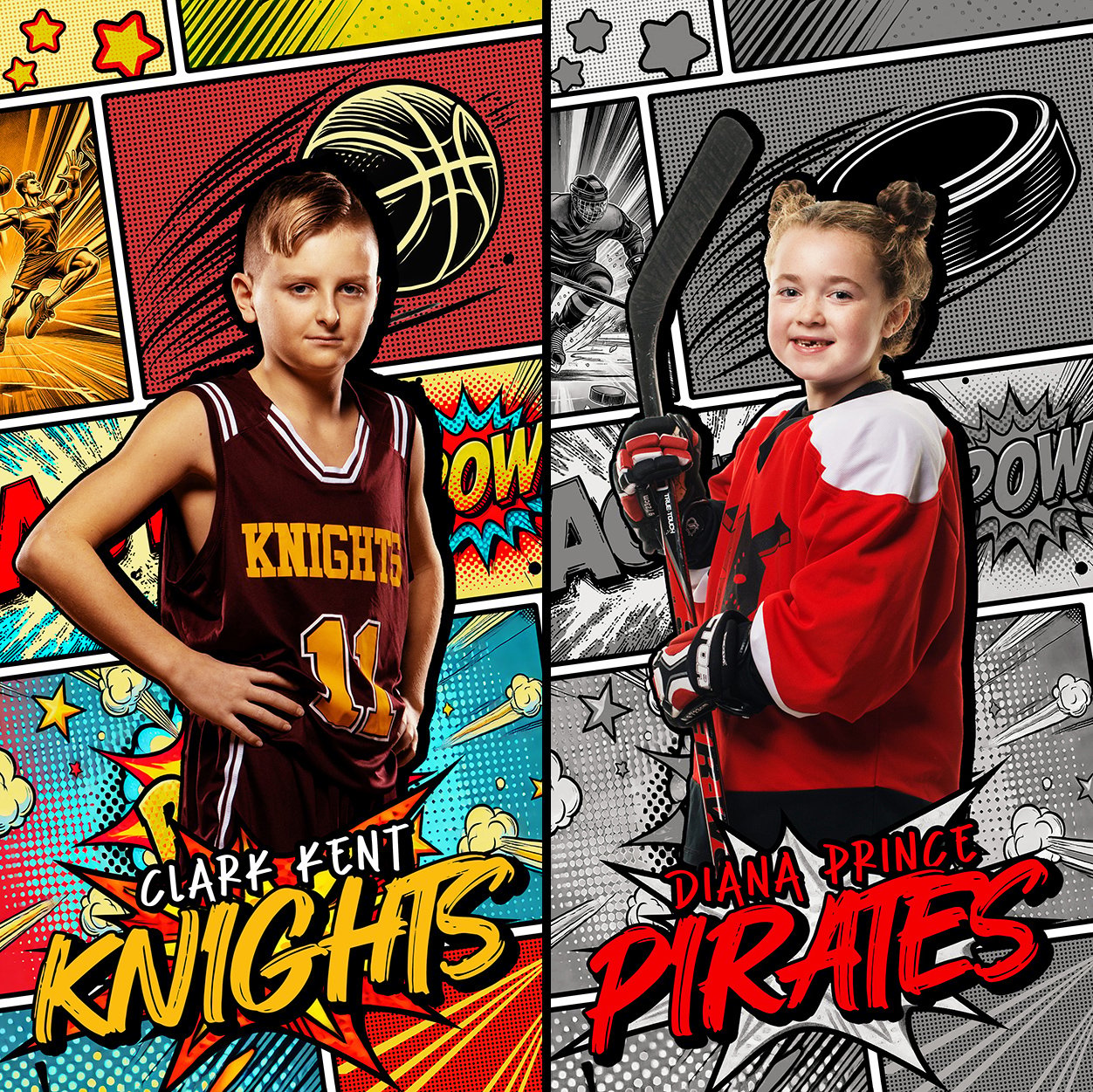 Comic Photoshop Template, Digital Backgrouond, Composite Photos, Multi Sport Design, Team Pics, Photo Day, Media Day, Comic Book, Fun, Portraits, Schools and Teams, T&I