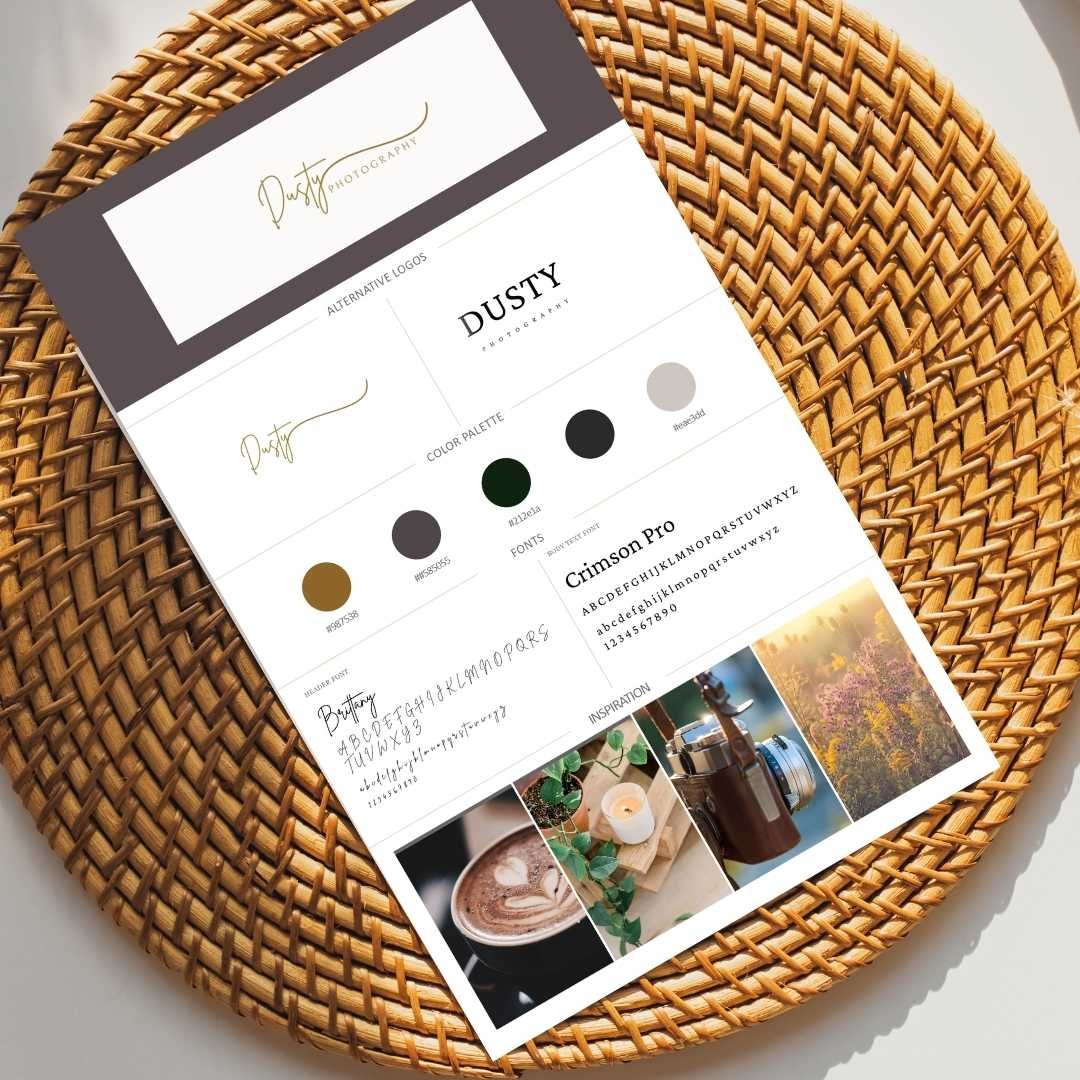 A branding sheet on a woven mat displays alternative logos, a color palette with earthy tones, fonts like 'Crimson Pro,' and nature-inspired images.