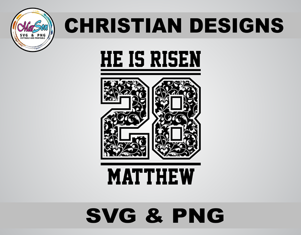 He Is Risen Christian SVG and PNG design featuring faith-inspired typography with a Bible verse. Includes 1 SVG file for Cricut and Silhouette cutting, and 1 PNG file (300 DPI) for sublimation and DTF printing. Perfect for Easter crafting, t-shirts, mugs,