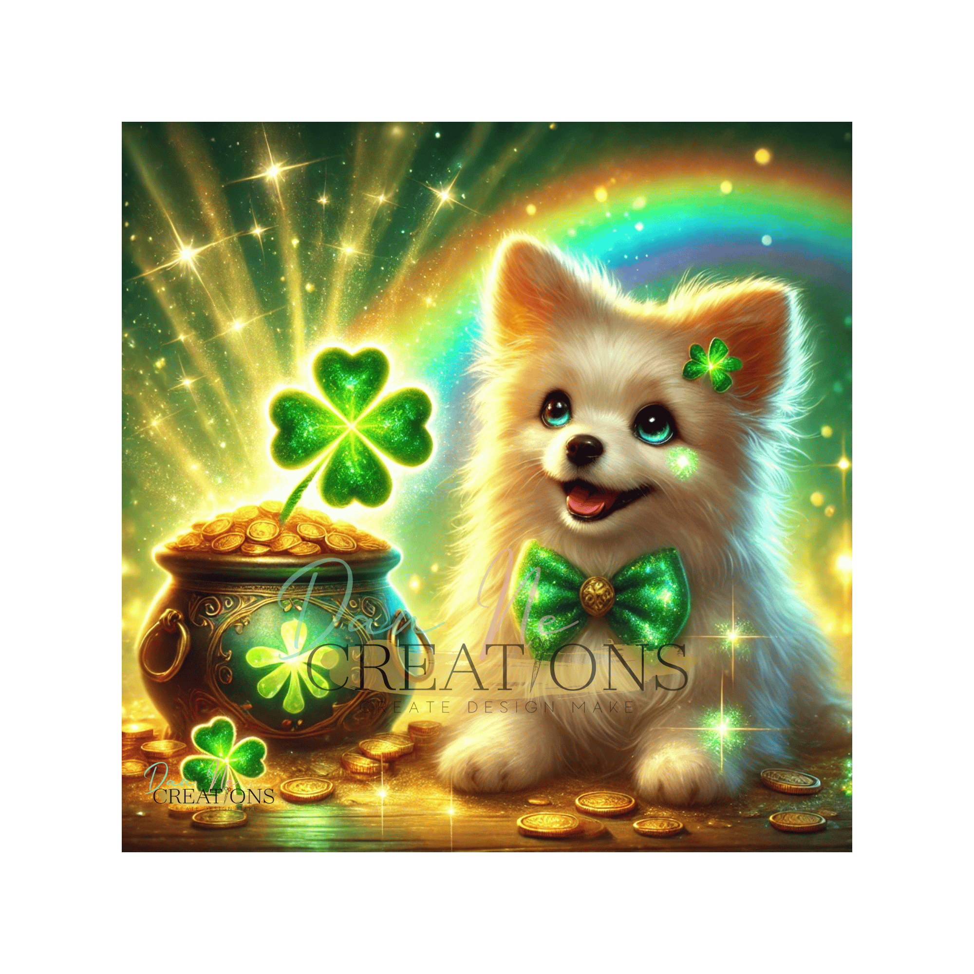Adorable Pup with Four Leaf Clover and Rainbow