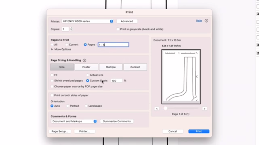 Printer dialog box displaying printer settings like paper size, format, and orientation. Use as guide to print sewing pdf patterns at 100% to get accurate results.