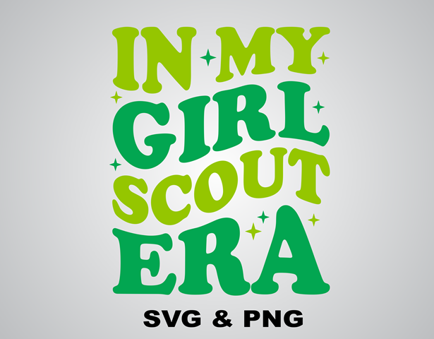 In My Girl Scout Era SVG and PNG design featuring fun and trendy typography with outdoor adventure elements. Includes 1 SVG file for Cricut and Silhouette cutting, and 1 PNG file (300 DPI) for sublimation and DTF printing. Perfect for Girl Scout t-shirts,