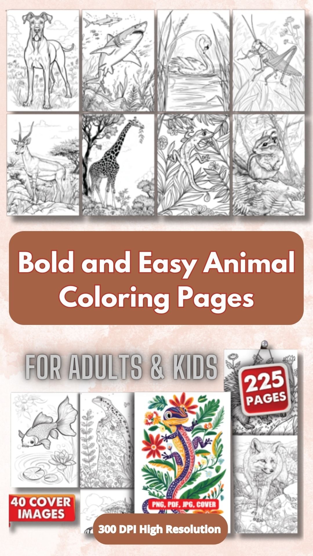 225 Easy Animal Coloring Pages for Kids & Adults (PLR Included!) – Instant Digital Download + 40 FREE Book Covers!