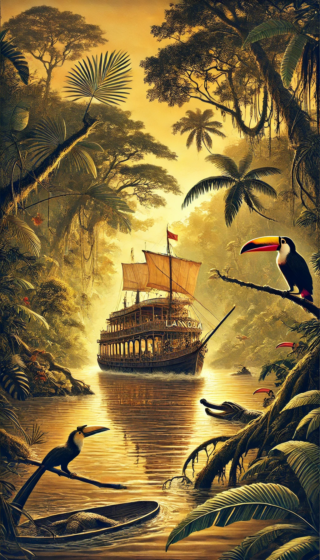 La Jangada, a massive wooden raft floating down the Amazon River, with a rare exotic bird perched on its edge, symbolizing the adventure and mystery of Jules Verne's novel.