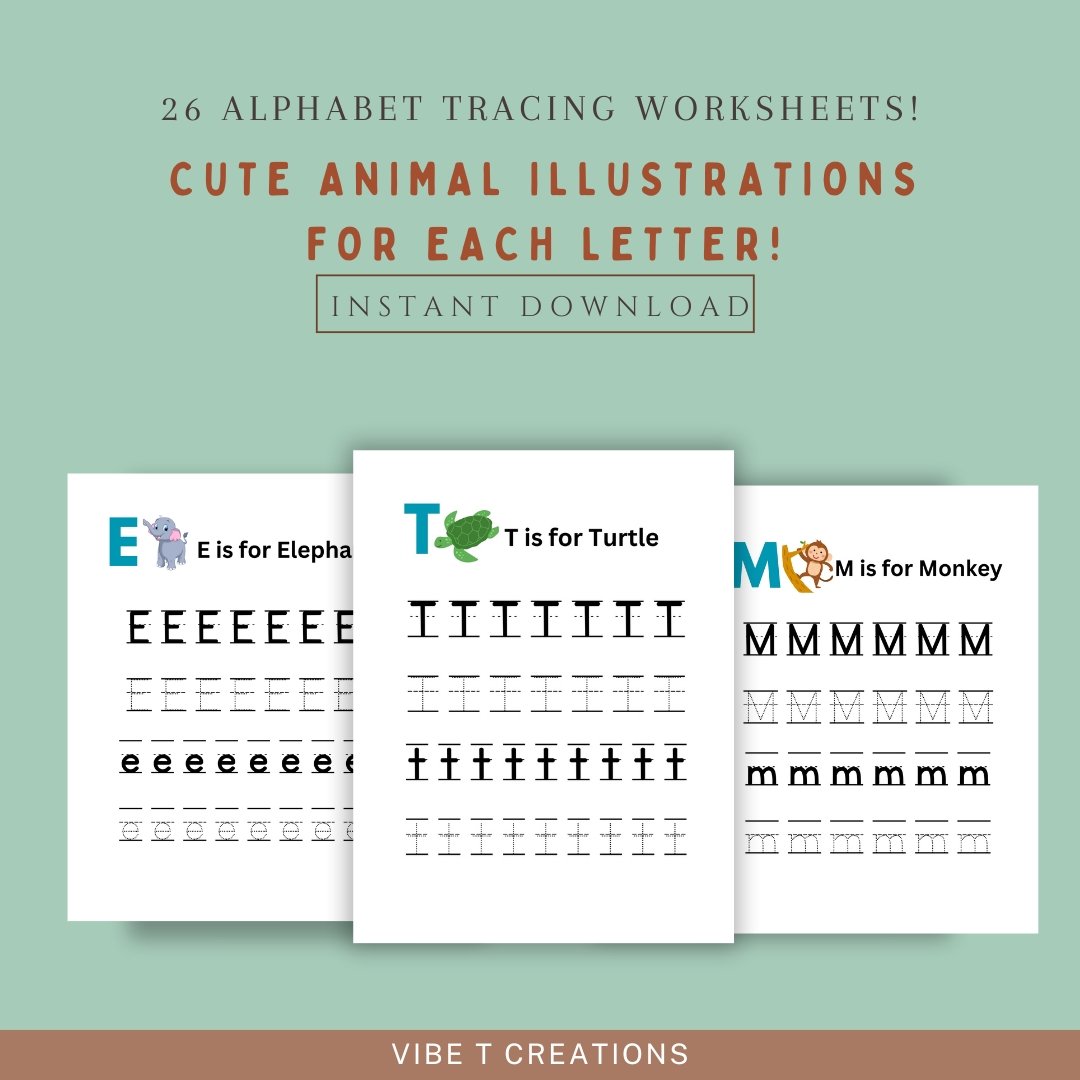 26 Alphabet Tracing Worksheets | Cute Animal ABC Practice | Handwriting Activity | Preschool & Kindergarten Printable | Homeschool Learning
