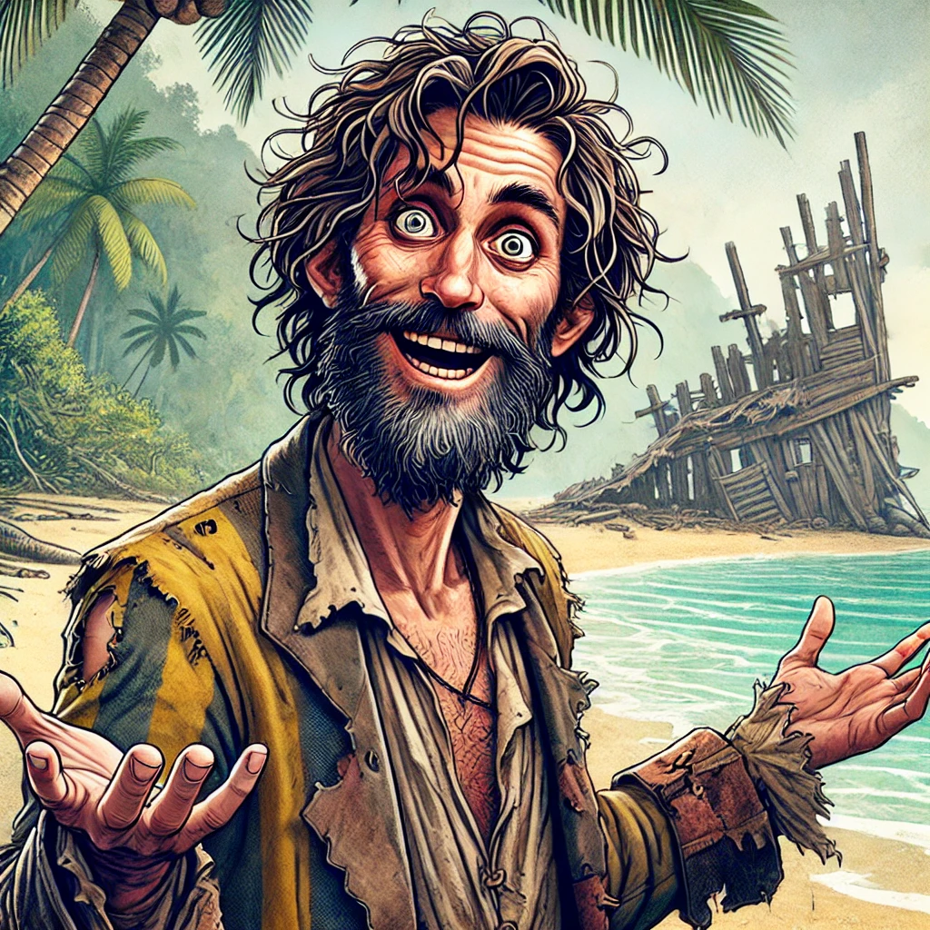 An illustration of Ben Gunn, a marooned former pirate from Treasure Island. He appears as a thin, ragged man with unkempt hair and a wild look in his eyes, wearing tattered clothes from years of isolation. He stands on a deserted tropical island, gripping a makeshift wooden staff, with a hopeful yet cunning expression, hinting at his obsession with cheese and treasure.