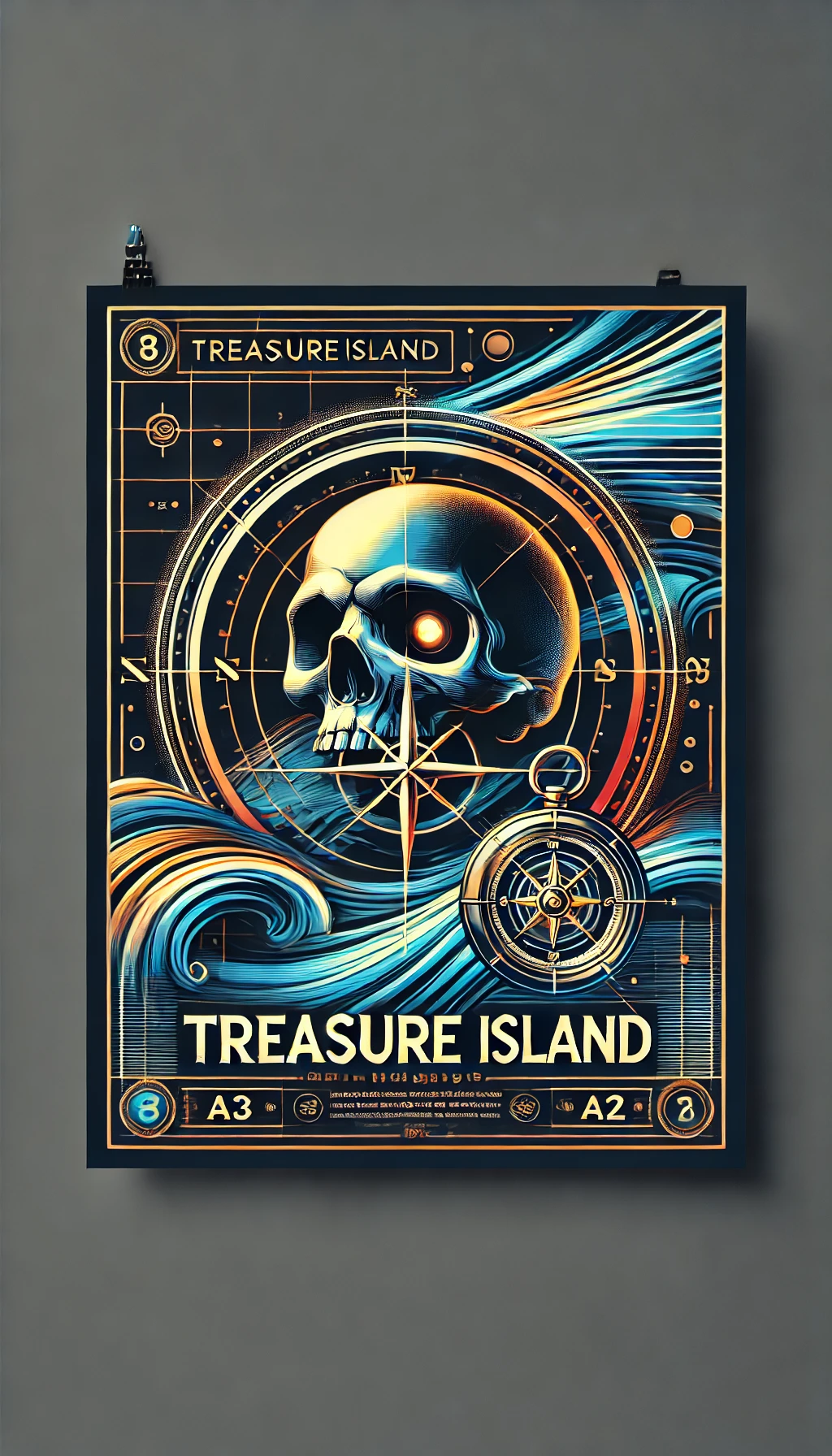 A high-resolution digital poster inspired by Treasure Island, featuring a bold and intricate design with a glowing skull at its center, overlaid with a nautical compass. The background showcases dynamic blue ocean waves and golden navigation lines, creating a striking contrast. The typography is vintage-style, giving the artwork a classic pirate adventure feel. The edges of the poster are adorned with detailed symbols, reinforcing the treasure map aesthetic. Perfect for fans of literature, pirate lore, and adventure-themed decor.