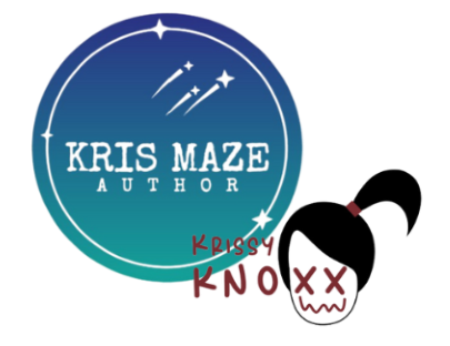 blue circle and ponytailed girl speculative fiction author logos - Kris Maze/Krissy Knoxx