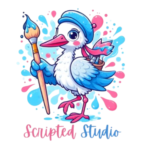duck with a cap on and a paintbrush, with Blue, pink and white paint splashes