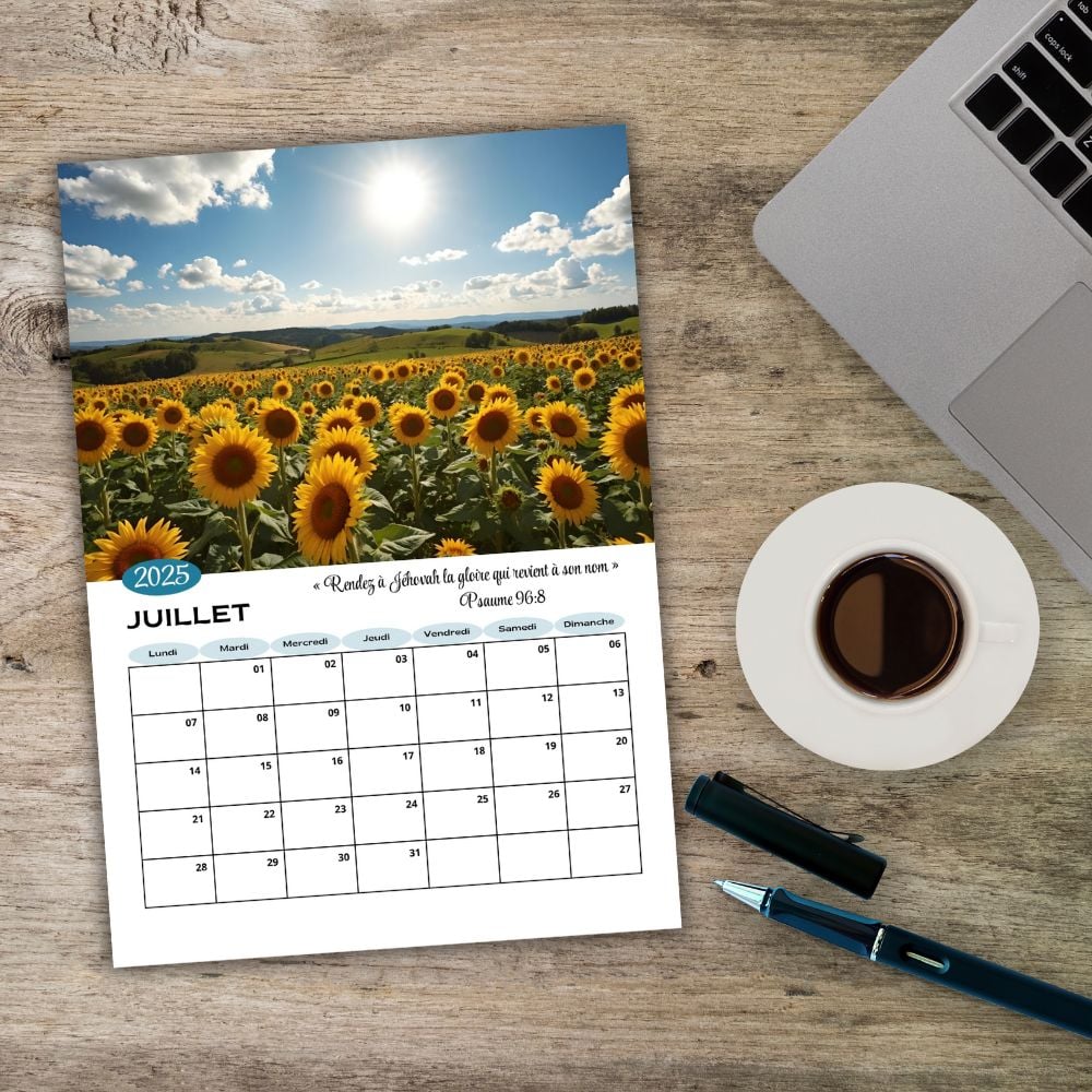 Calendrier mensuel JW 2025 - Texte de lannée Psaume 96:8 Paysages
