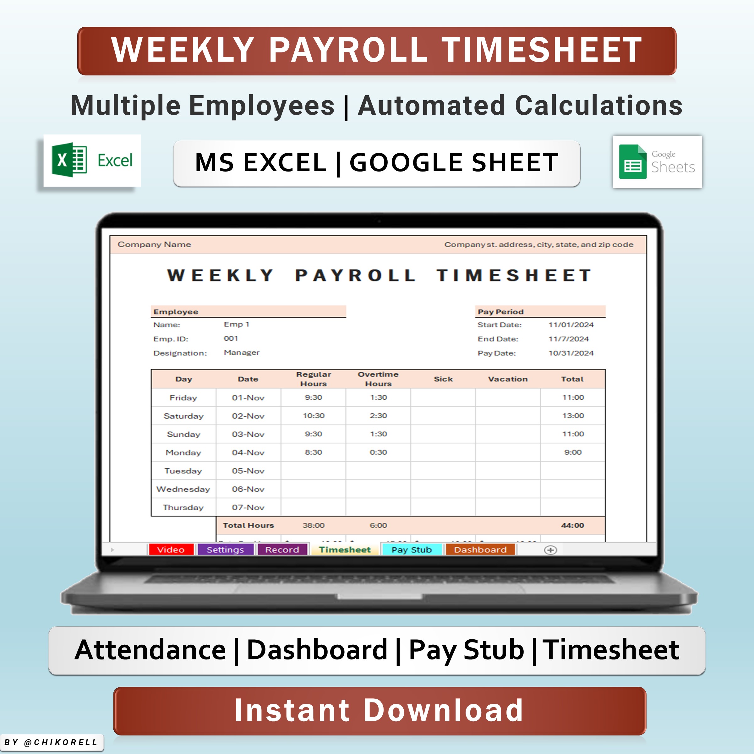 Weekly Employee Payroll Timesheet Tracker | Excel & Google Spreadsheet ...