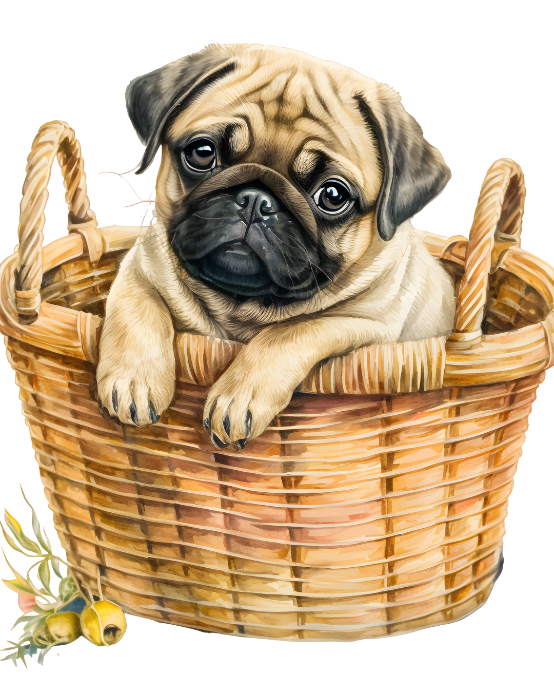 Pug Dog in a wicker basket