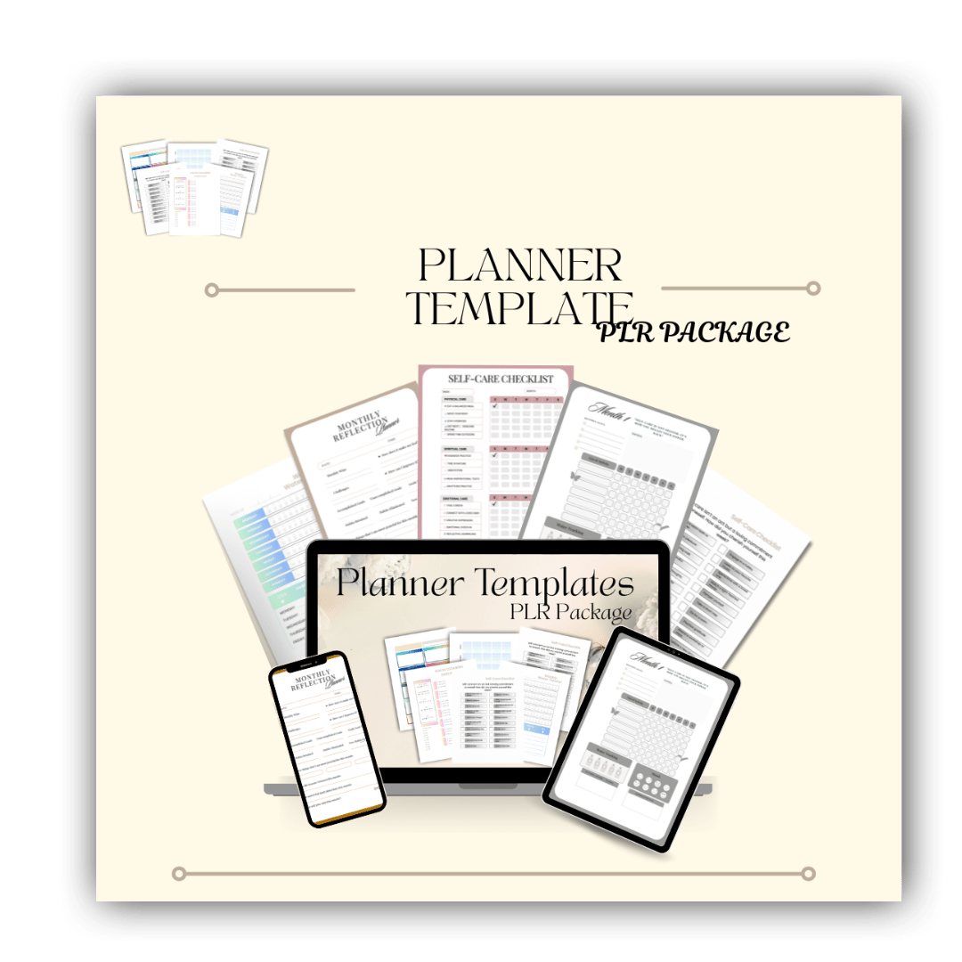 A mockup of PLR planner template with 40+ fully editable pages