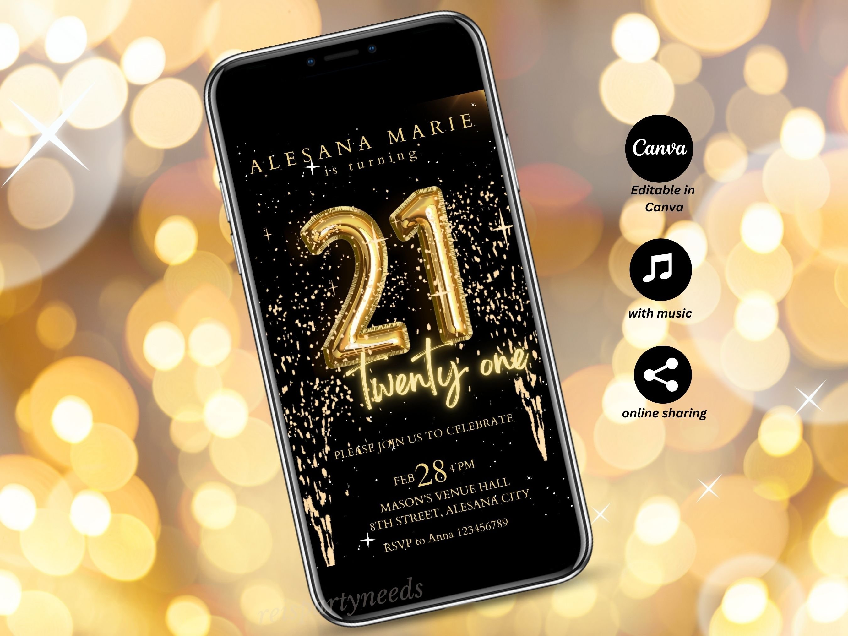 Black and Gold 21st Birthday Evite Editable Template Twenty One ...