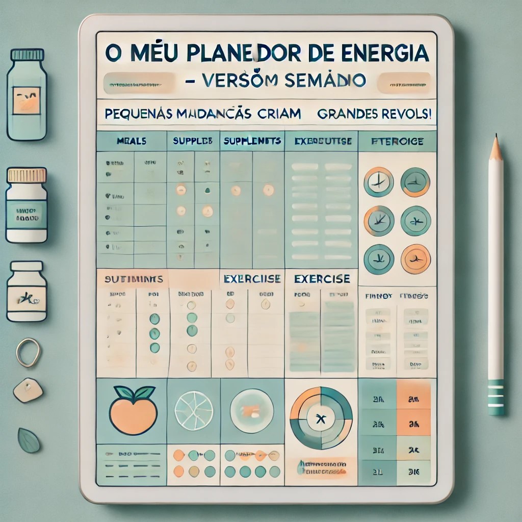 "Imagem do O Meu Planeador de Energia – Versão Semanal. Planeador digital estruturado com secções para registo de refeições, suplementos, exercício físico e níveis de energia ao longo de 7 dias. O design utiliza cores suaves como azul, verde e bege para