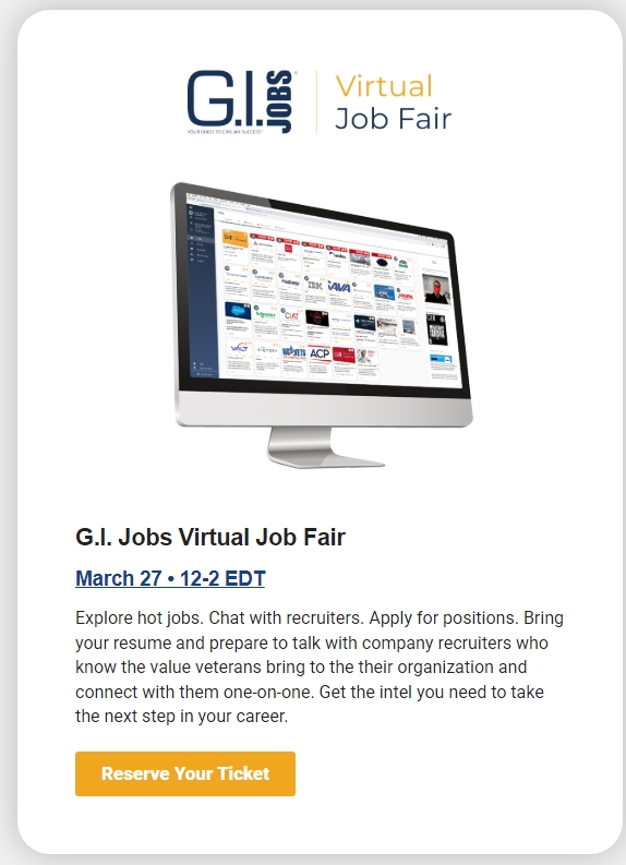 Invitation to the G.I. Virtual Job Fair on March 27th from 12pm until 2pm eastern daylight time