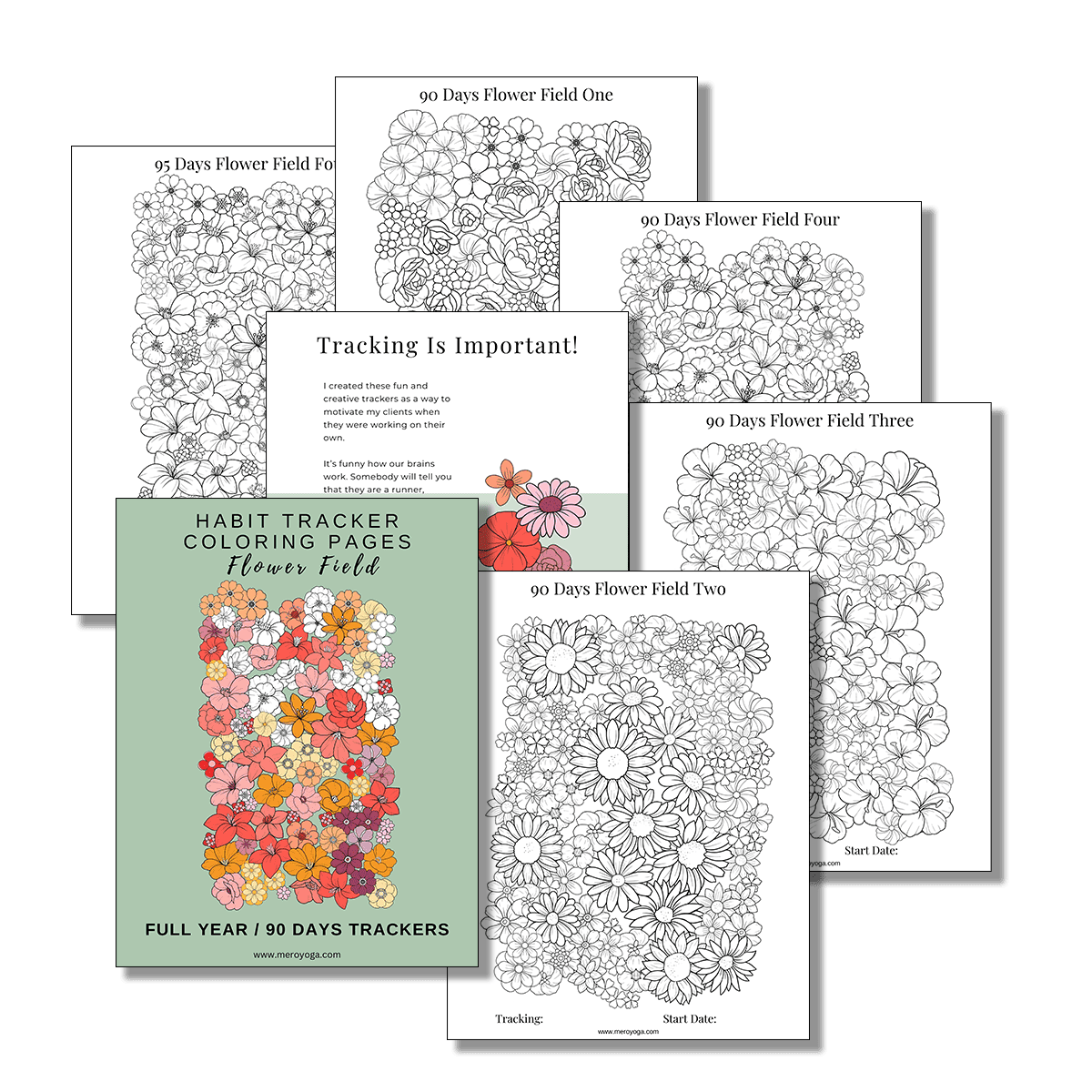 Multiple pages from the flower field habit tracker
