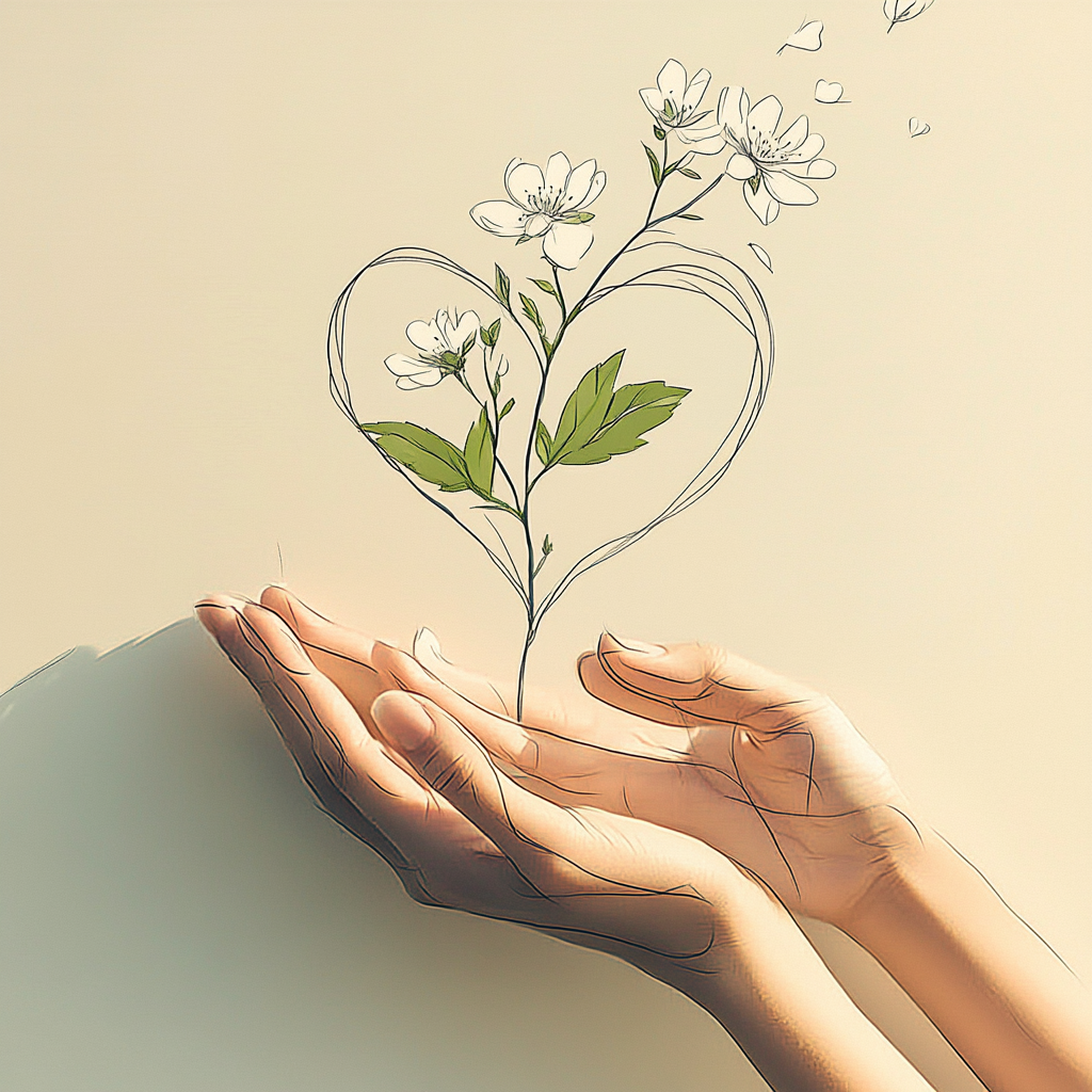 “Illustration of gentle hands holding a blooming flower with heart-shaped leaves — symbolizing growth, healing, and emotional self-care for mental health and introvert empowerment.”
