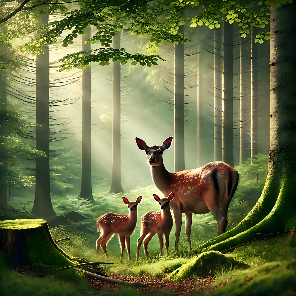 roe deer, doe, forest, nature, greenery, sunlight, wildlife, tranquility, harmony, animals, forest scene, moss, trees, magical atmosphere, family, mother and cubs, ecosystem, natural beauty, photogenic nature.
