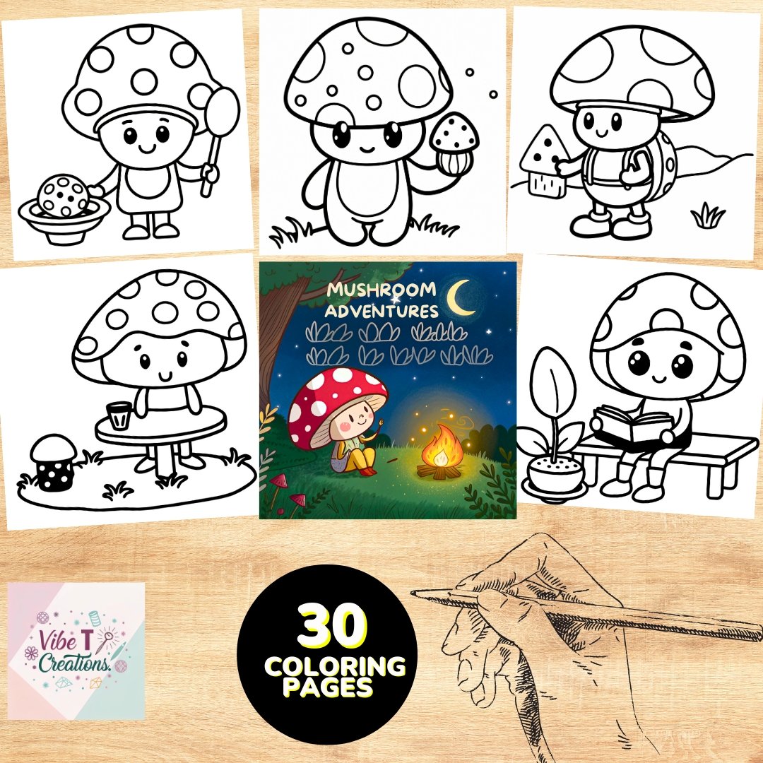 Bold and Easy Coloring Book for adults and kids, Kawaii Mushroom Coloring Pages, Cute Funny Mushrooms Coloring, Cozy Relaxing Activity