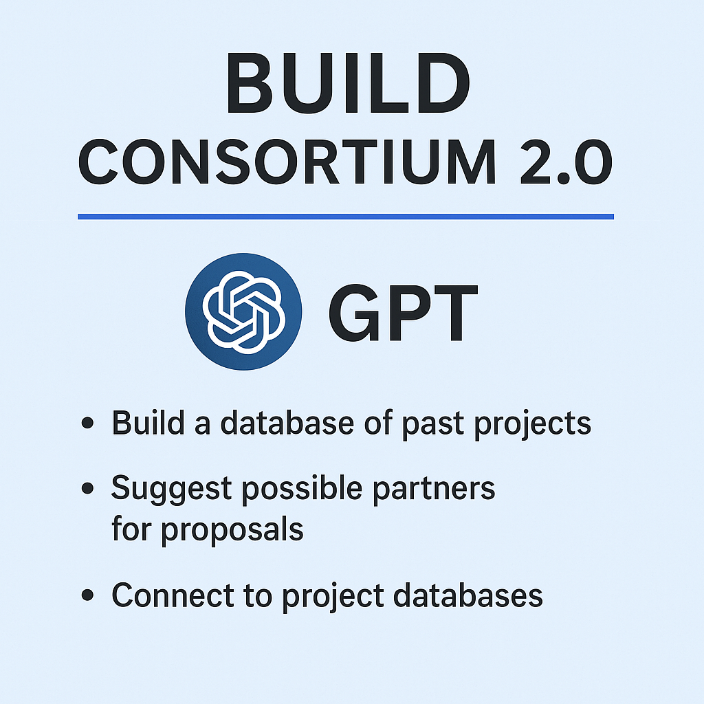 Minimalist graphic displaying “Build Consortium 2.0” with GPT icon and bullet points highlighting features like partner suggestions and project database integration.