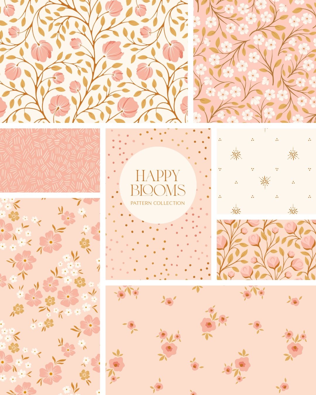 seamless surface pattern collection featuring flowers, vines, and leaves in a pink, brown, gold, and cream color palette
