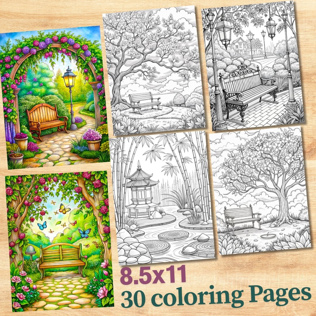 30 Floral Bench Coloring Book, Printable Enchanted Fantasy Garden Coloring Pages, Grayscale Magical Flowers Coloring Book for Adults Kids