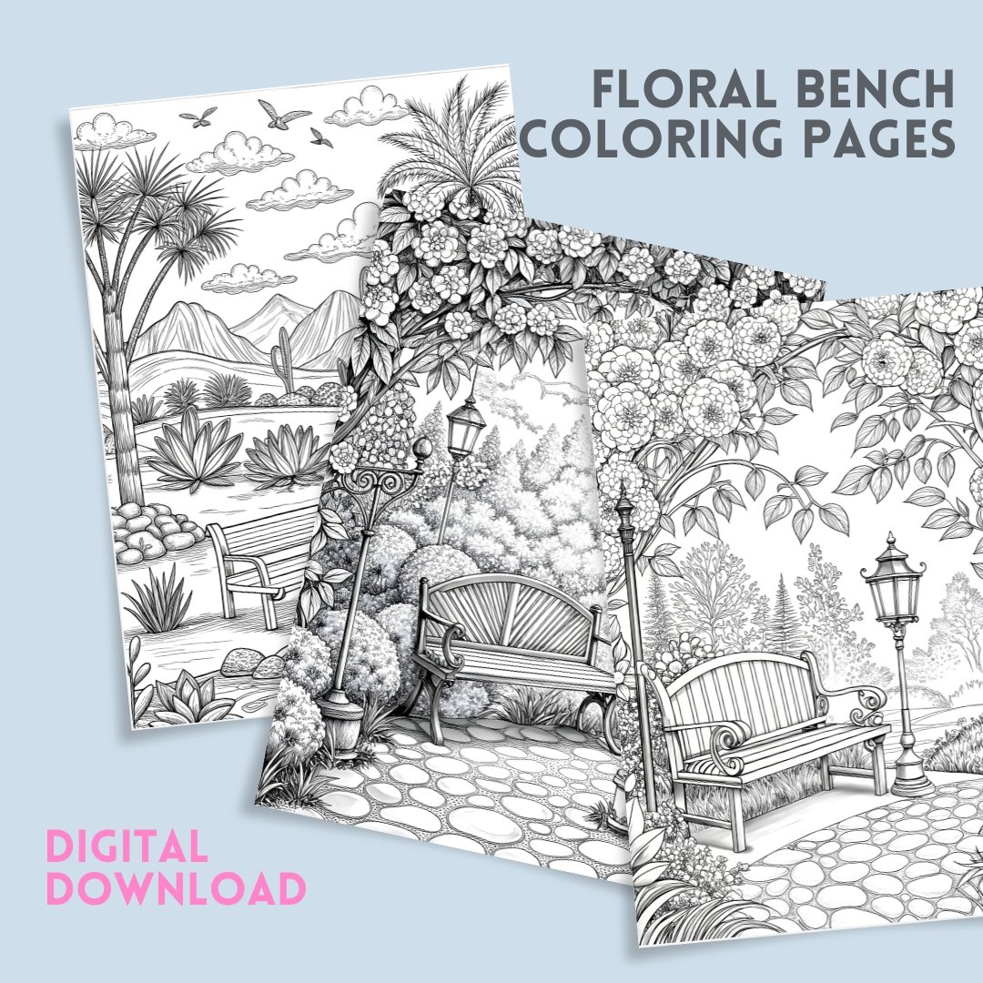 30 Floral Bench Coloring Book, Printable Enchanted Fantasy Garden Coloring Pages, Grayscale Magical Flowers Coloring Book for Adults Kids
