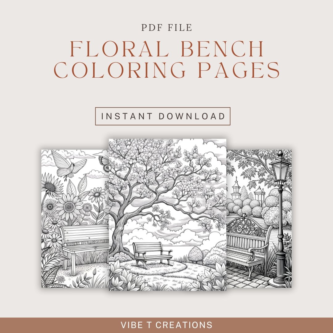 30 Floral Bench Coloring Book, Printable Enchanted Fantasy Garden Coloring Pages, Grayscale Magical Flowers Coloring Book for Adults Kids