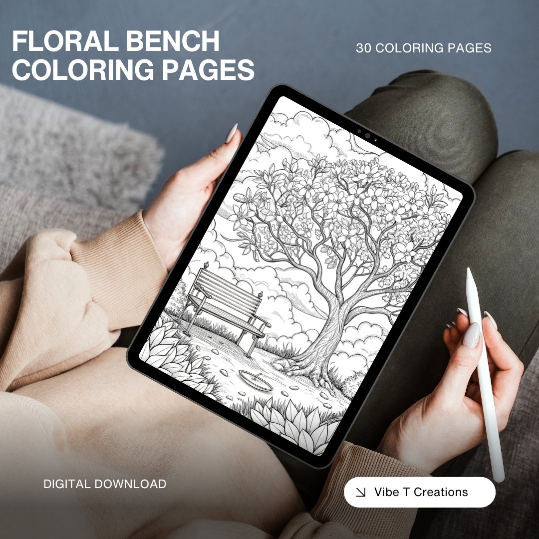 30 Floral Bench Coloring Book, Printable Enchanted Fantasy Garden Coloring Pages, Grayscale Magical Flowers Coloring Book for Adults Kids