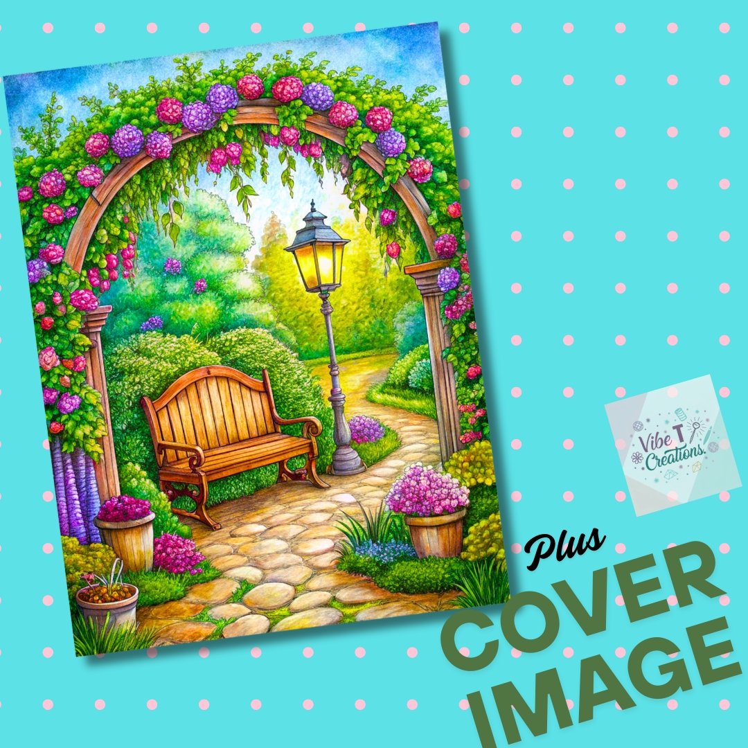 30 Floral Bench Coloring Book, Printable Enchanted Fantasy Garden Coloring Pages, Grayscale Magical Flowers Coloring Book for Adults Kids