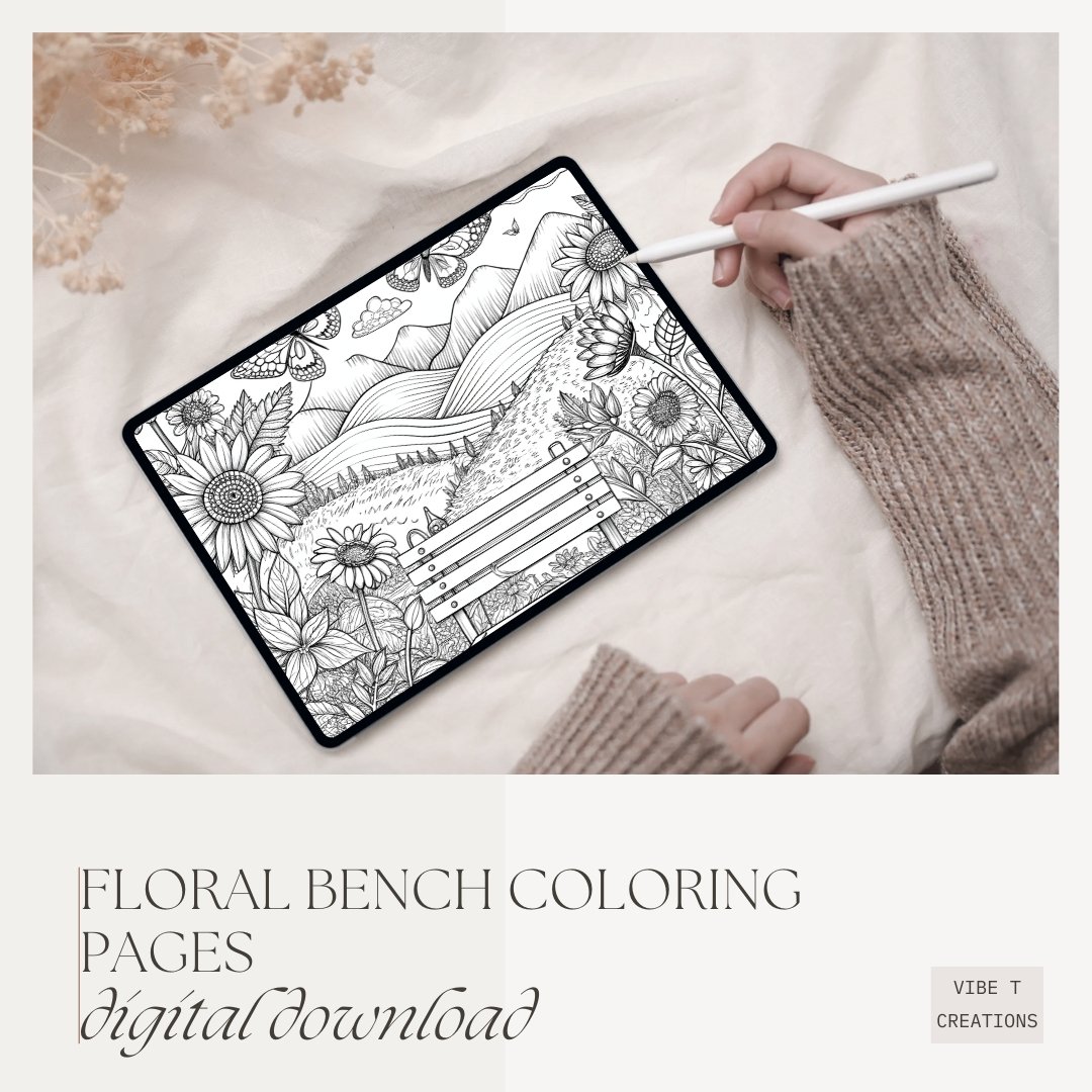 30 Floral Bench Coloring Book, Printable Enchanted Fantasy Garden Coloring Pages, Grayscale Magical Flowers Coloring Book for Adults Kids