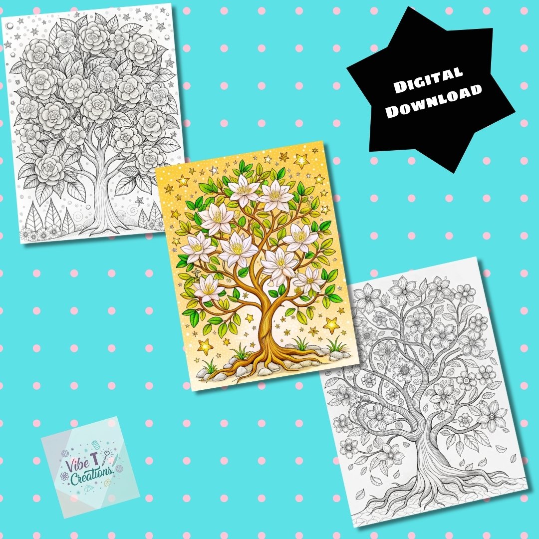 40 Floral Tree Coloring Book, Printable Enchanted Fantasy Tree Coloring Pages, Grayscale Magical Big Tree Coloring Book for Adults and Kids