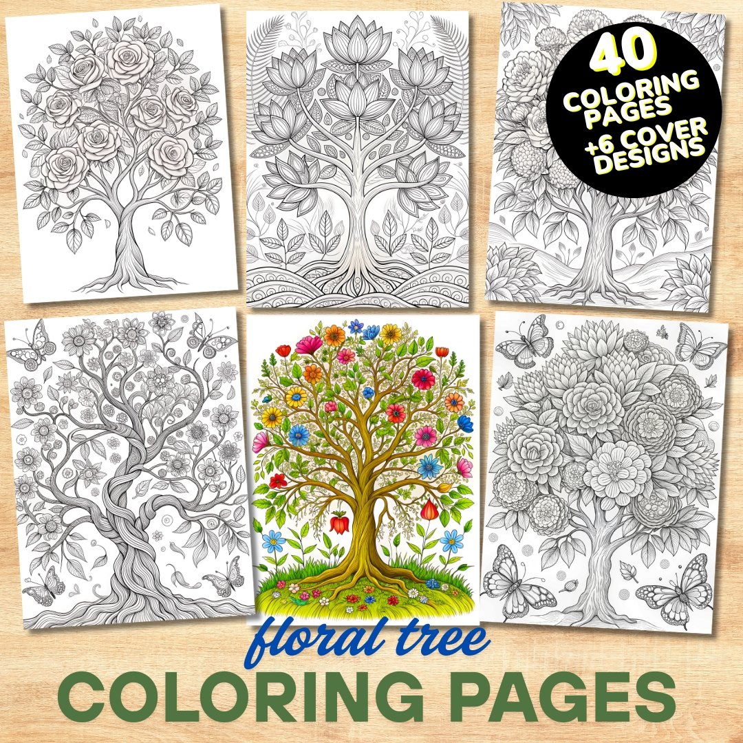 40 Floral Tree Coloring Book, Printable Enchanted Fantasy Tree Coloring Pages, Grayscale Magical Big Tree Coloring Book for Adults and Kids