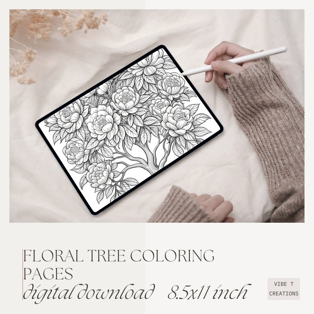 40 Floral Tree Coloring Book, Printable Enchanted Fantasy Tree Coloring Pages, Grayscale Magical Big Tree Coloring Book for Adults and Kids