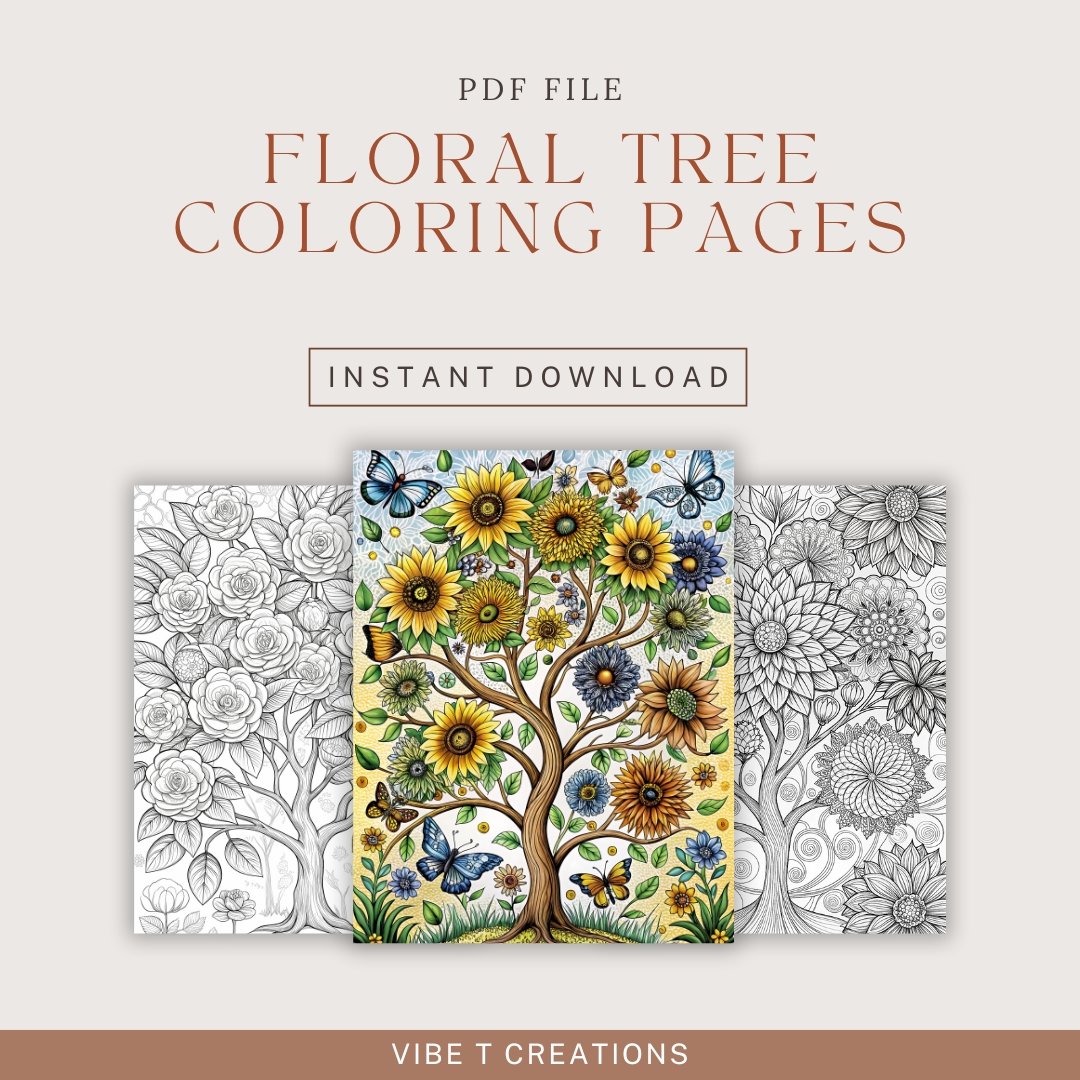 40 Floral Tree Coloring Book, Printable Enchanted Fantasy Tree Coloring Pages, Grayscale Magical Big Tree Coloring Book for Adults and Kids