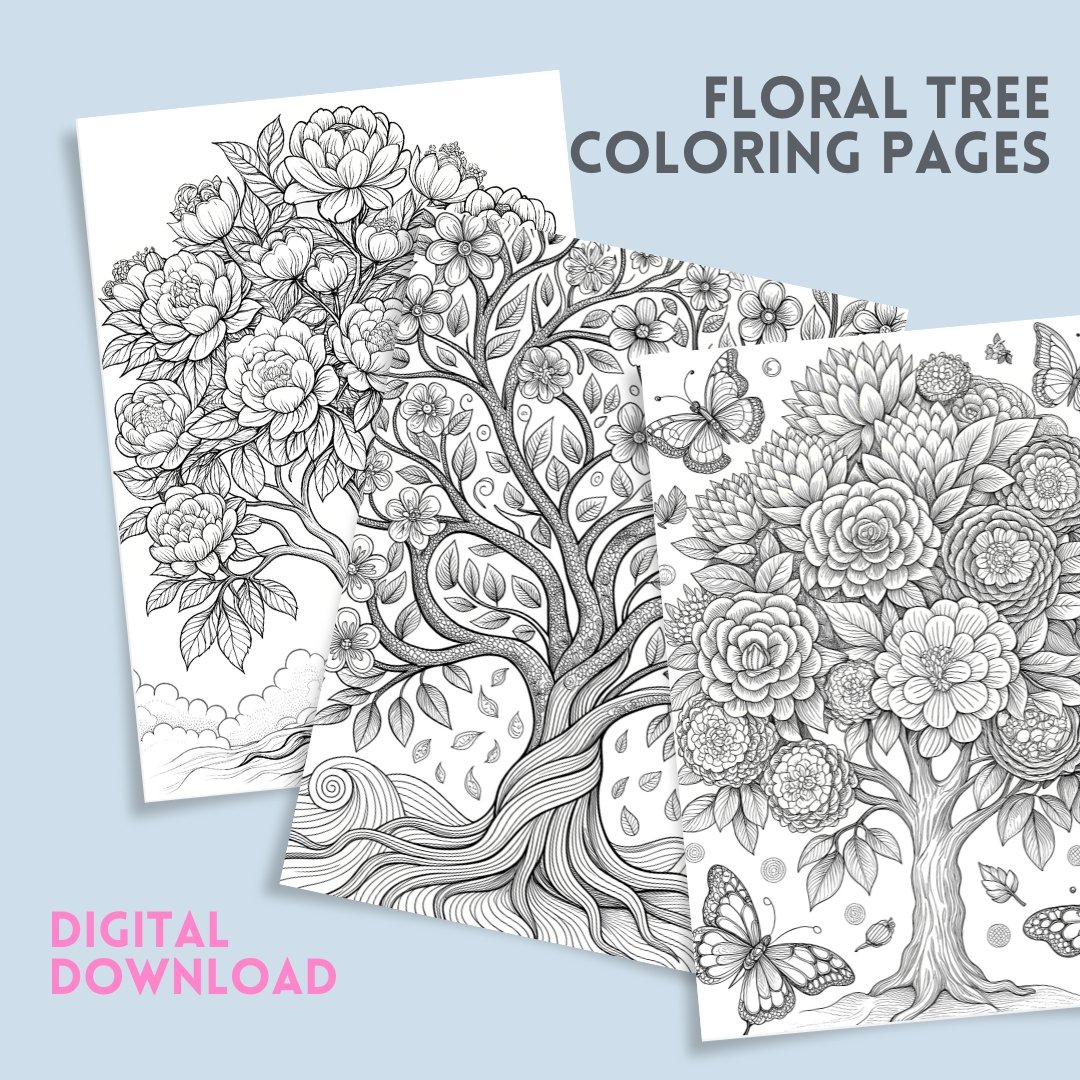 40 Floral Tree Coloring Book, Printable Enchanted Fantasy Tree Coloring Pages, Grayscale Magical Big Tree Coloring Book for Adults and Kids