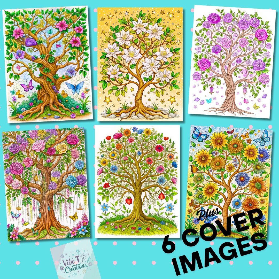 40 Floral Tree Coloring Book, Printable Enchanted Fantasy Tree Coloring Pages, Grayscale Magical Big Tree Coloring Book for Adults and Kids