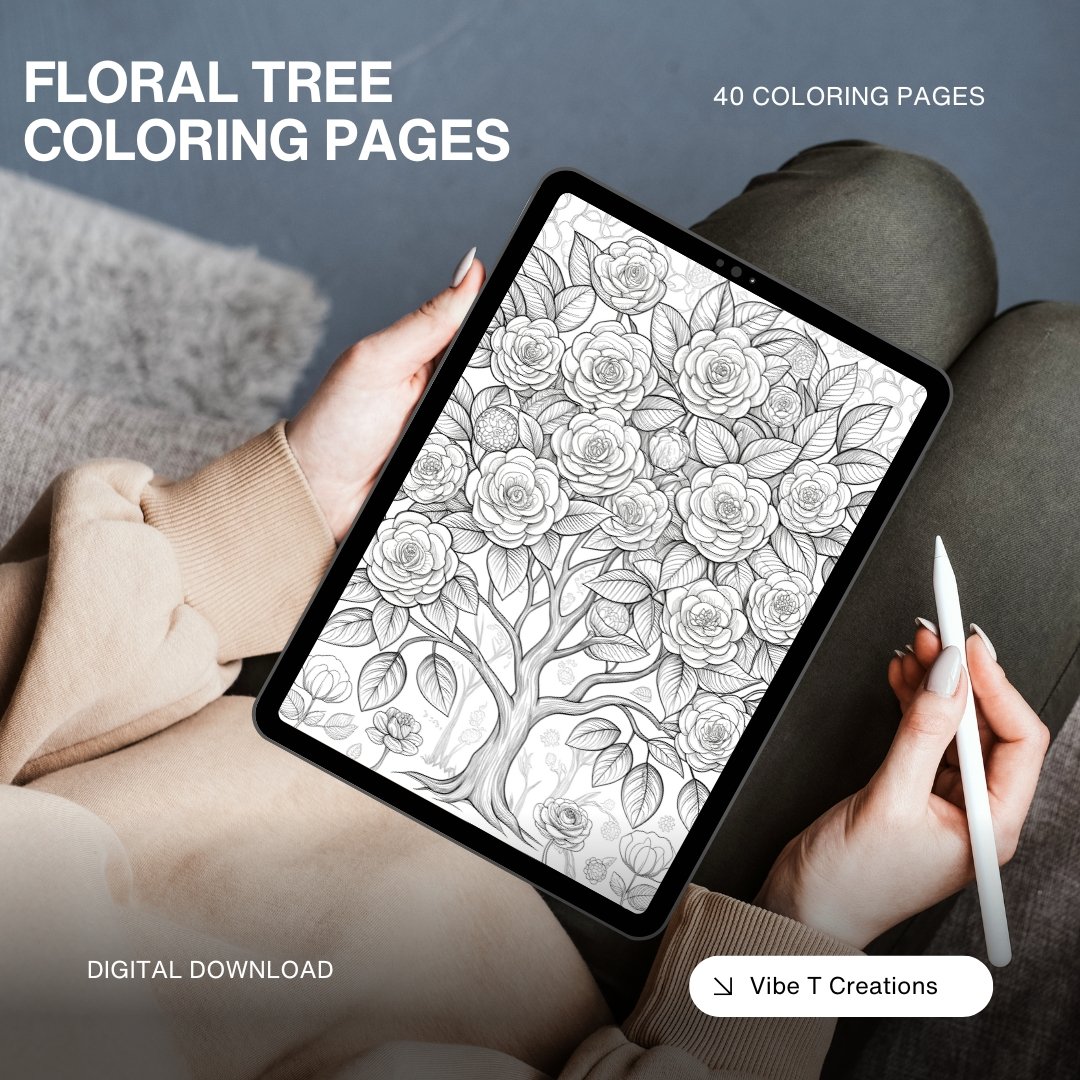 40 Floral Tree Coloring Book, Printable Enchanted Fantasy Tree Coloring Pages, Grayscale Magical Big Tree Coloring Book for Adults and Kids