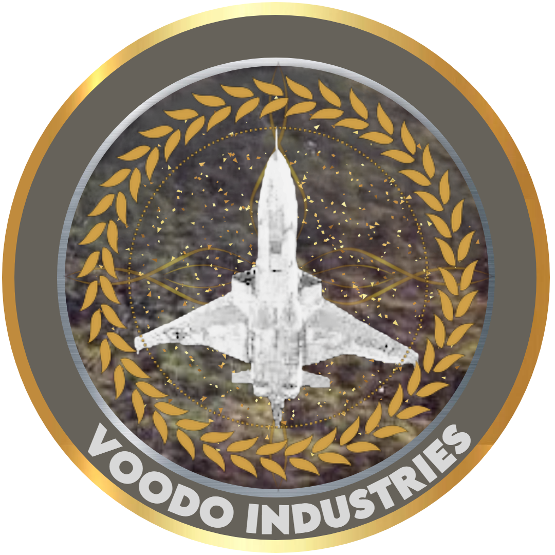 A F-101 Voodoo Fighter Jet with a golden crest around it, with "Voodoo Industries" written on the bottom.