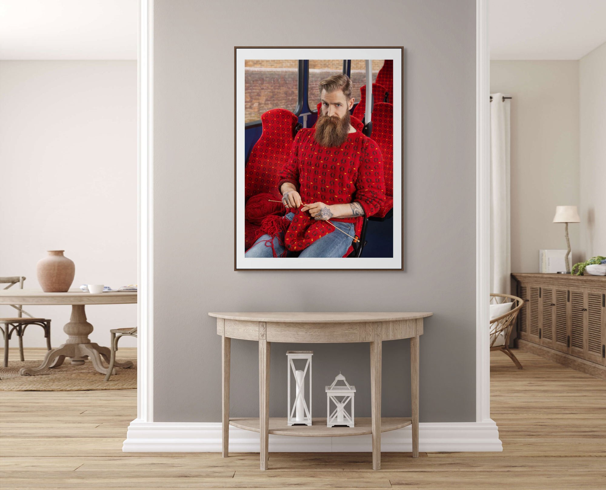 Limited edition prints from Joseph Ford and Nina Dodd’s Invisible Jumpers series - iconic portrait of bearded hipster on bus wearing custom camouflaged knitwear