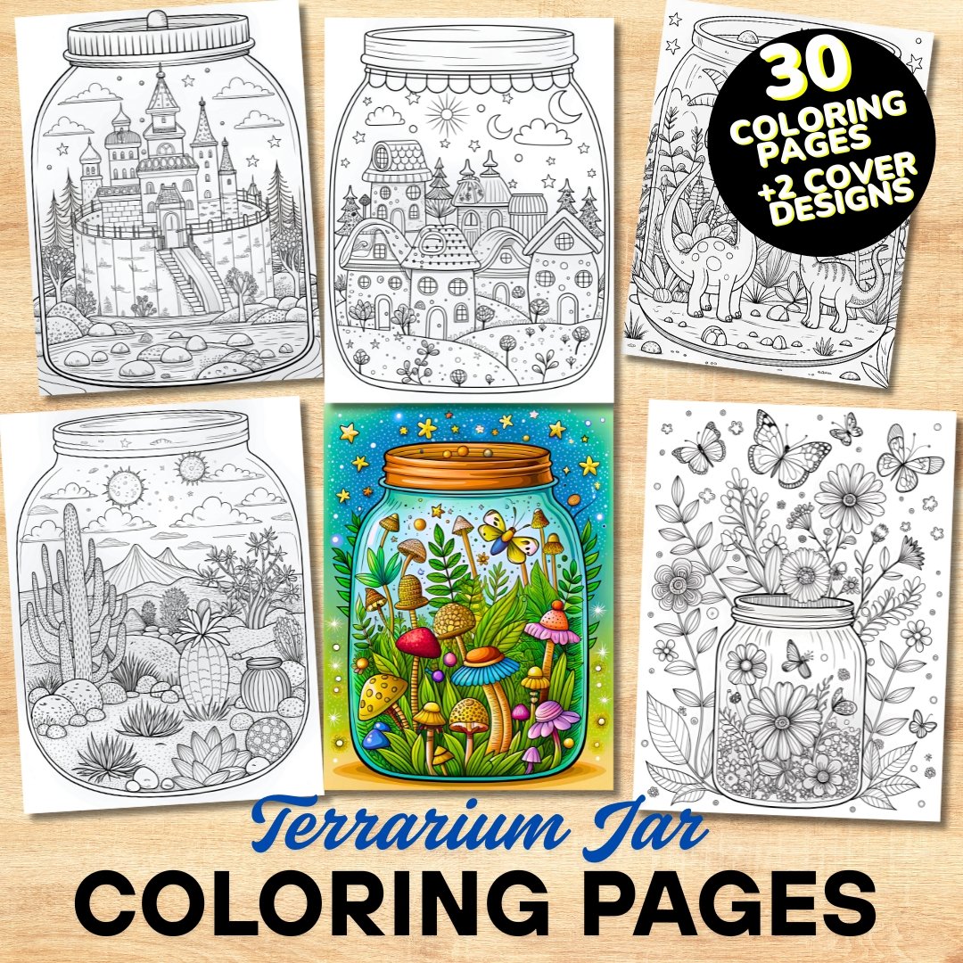 Bold and Easy Coloring Book, Cute Terrarium Jar Coloring Pages, Enchanted Forest Scenes Coloring, Relaxing Activity for Adults and Kids