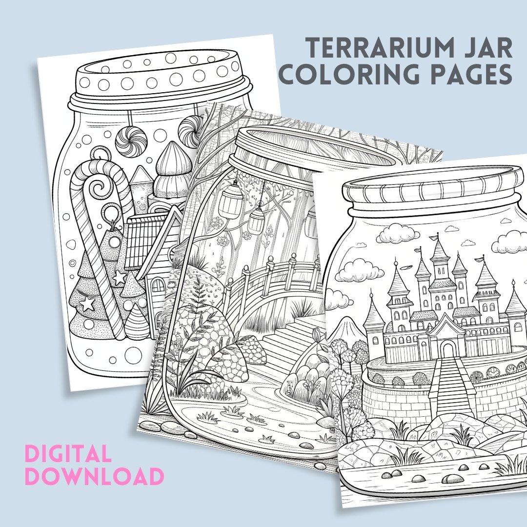 Bold and Easy Coloring Book, Cute Terrarium Jar Coloring Pages, Enchanted Forest Scenes Coloring, Relaxing Activity for Adults and Kids