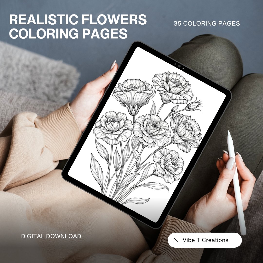 35 Realistic Flowers Collection Coloring Book, Printable PDF, Flower Bundle Coloring Pages, Grayscale Coloring Book for Adults and Kids