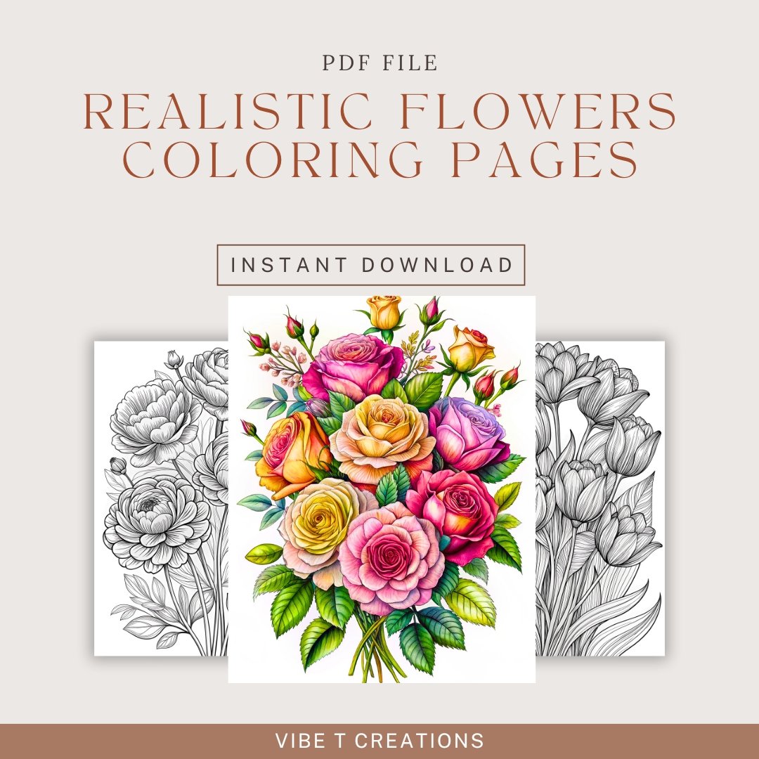35 Realistic Flowers Collection Coloring Book, Printable PDF, Flower Bundle Coloring Pages, Grayscale Coloring Book for Adults and Kids
