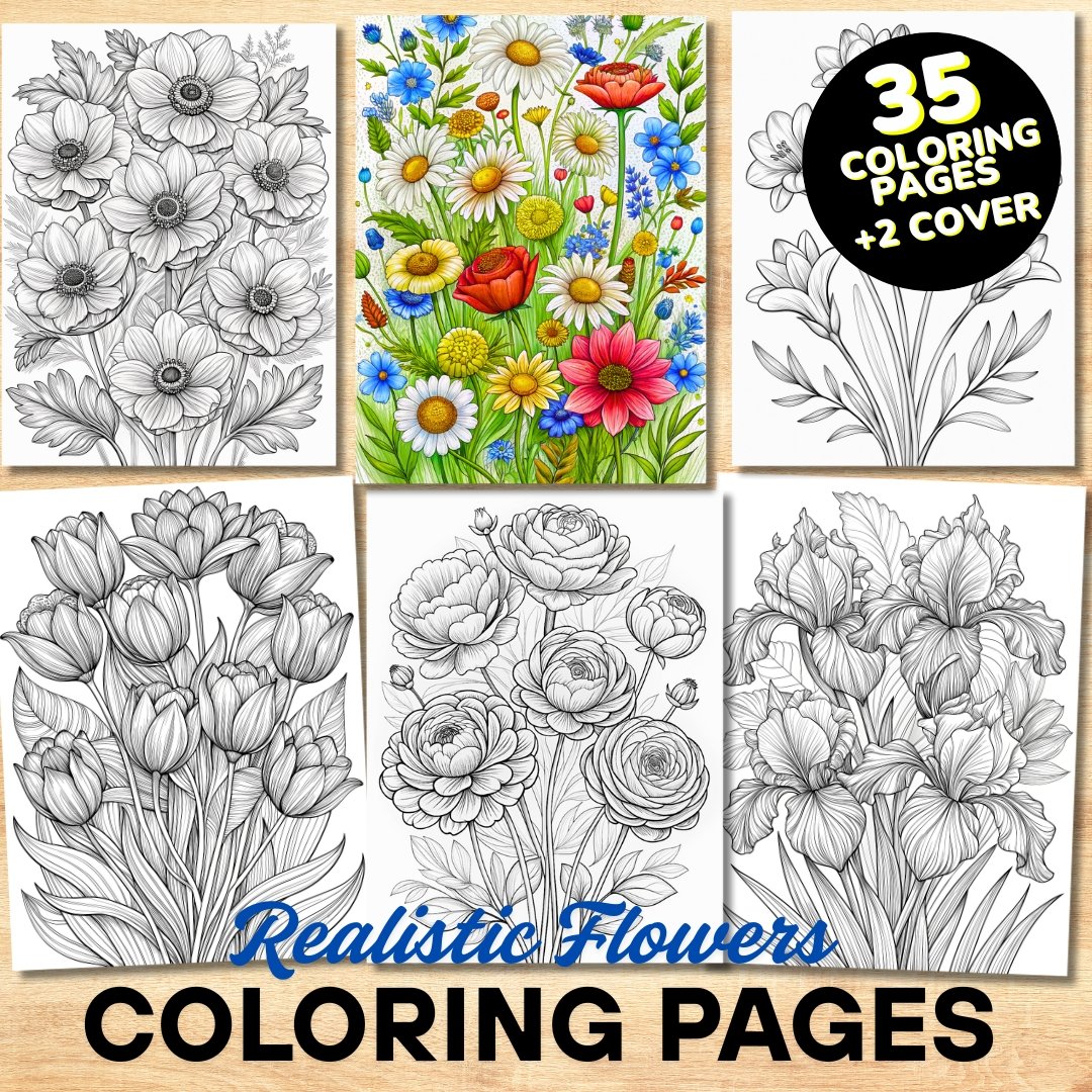 35 Realistic Flowers Collection Coloring Book, Printable PDF, Flower Bundle Coloring Pages, Grayscale Coloring Book for Adults and Kids