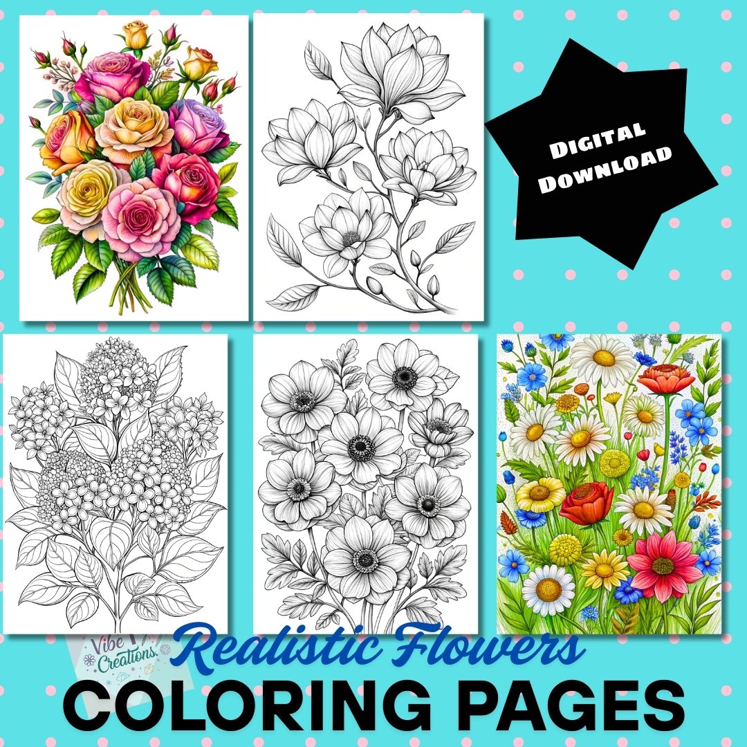 35 Realistic Flowers Collection Coloring Book, Printable PDF, Flower Bundle Coloring Pages, Grayscale Coloring Book for Adults and Kids